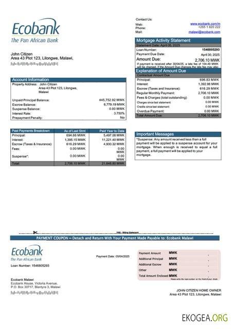 Malawi Ecobank Malawi Relevé hypothécaire Modèle Word et PDF